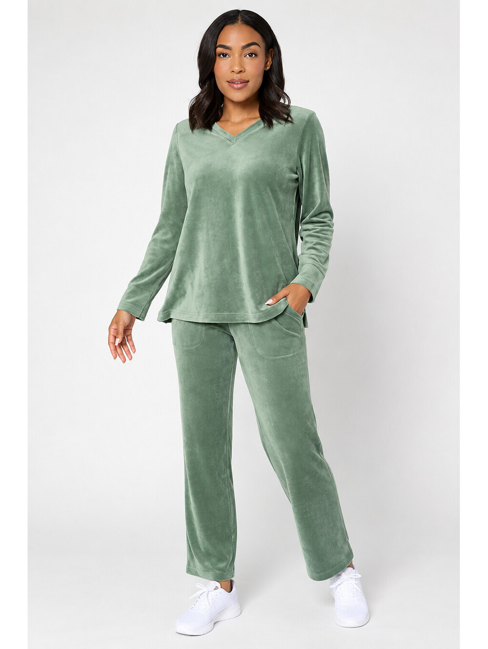 Denim & Co. Active Velour Top & Straight Leg Pants Set Meadow Green, Tall Medium